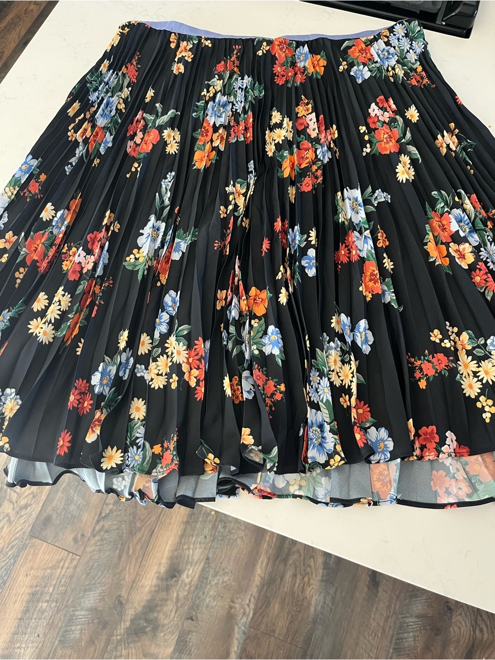Anthropologie Black Pleated Floral Skirt with Multicolor Blooms